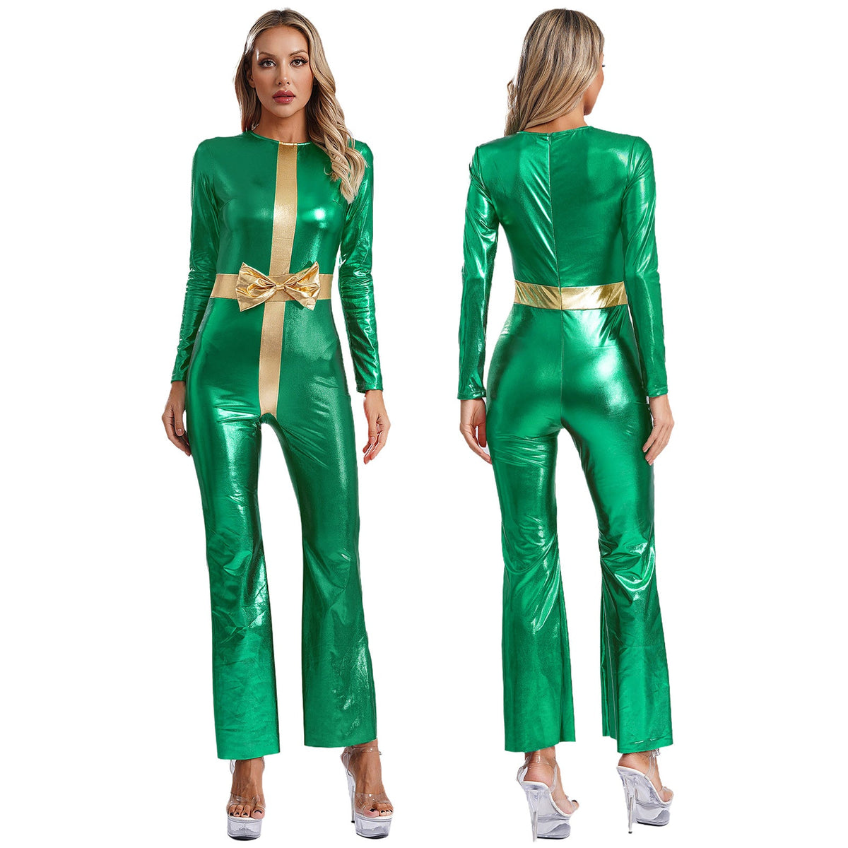 Metallic Santa Cosplay Jumpsuit – Women's Christmas Costume for Holiday Parties, Dance Performances and Festive Events