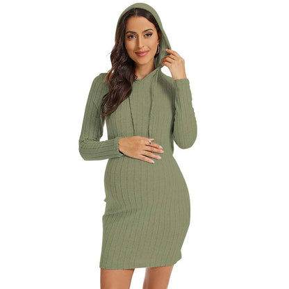 Maternity Knit Hoodie Dress – Comfortable Pregnancy Sweater Dress for Casual Autumn Everyday Style