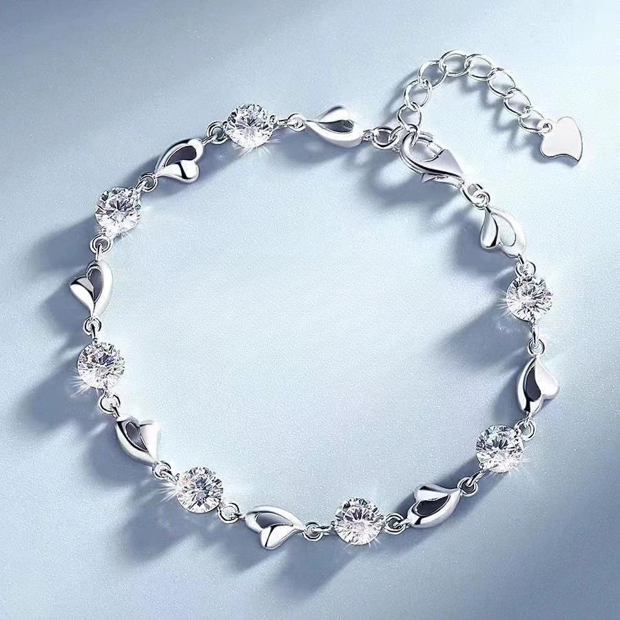 Sterling Silver Heart Bracelet – 925 Korean Pink Crystal Charm Jewelry with Romantic Design for Women, Parties, Anniversaries and Gifts