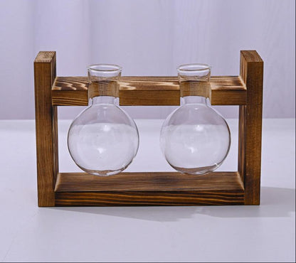 Glass Propagation Station – Tabletop Hydroponic Plant Vase with Wooden Tray for Home, Office and Elegant Botanical Display
