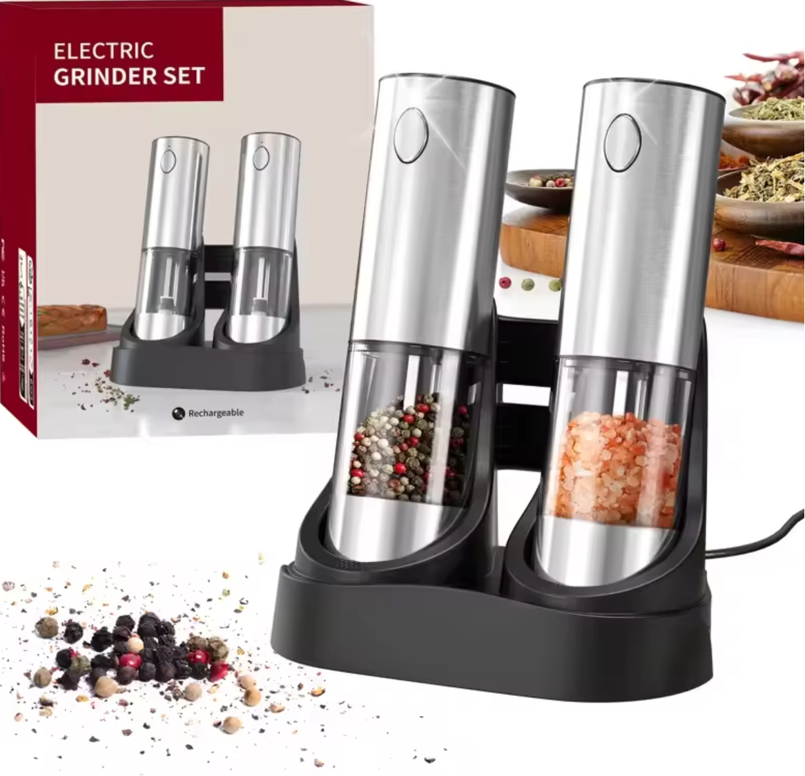 USB Electric Salt and Pepper Grinder – Rechargeable Adjustable Spice Mill Set with Large Capacity for Everyday Cooking