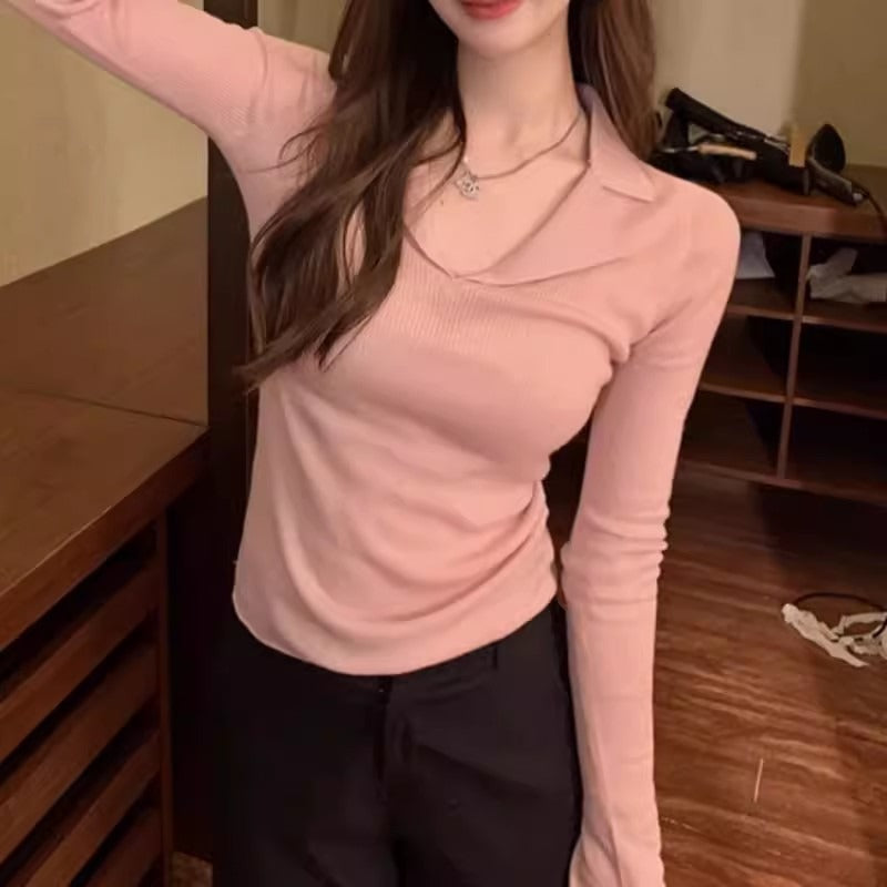 Women’s Knitted Long Sleeve Shirt – Casual Fashion Sweater Top with Modern Minimalist Design for Everyday Spring Style