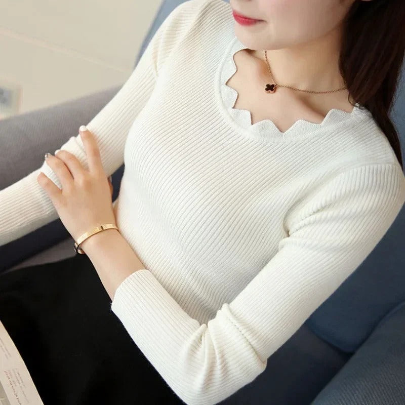 Slim Fit Knit Sweater – Women’s Butterfly Neck Long Sleeve Pullover for Elegant Autumn Winter Fashion