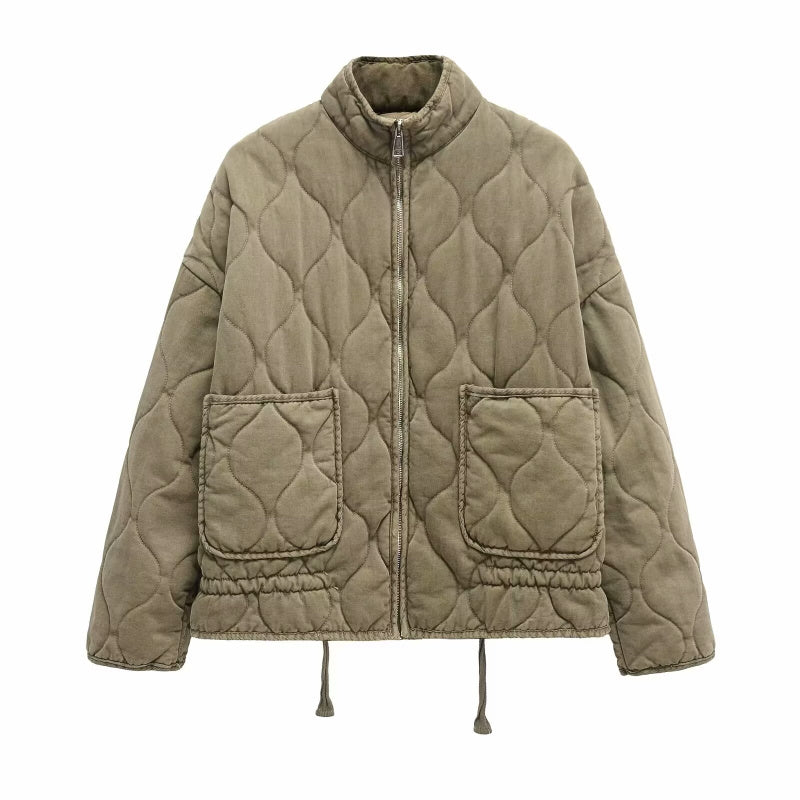 Vintage Quilted Padded Jacket – Women’s High Collar Winter Coat with Large Pockets for Warm Everyday Outerwear