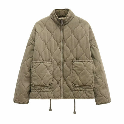 Vintage Quilted Padded Jacket – Women’s High Collar Winter Coat with Large Pockets for Warm Everyday Outerwear