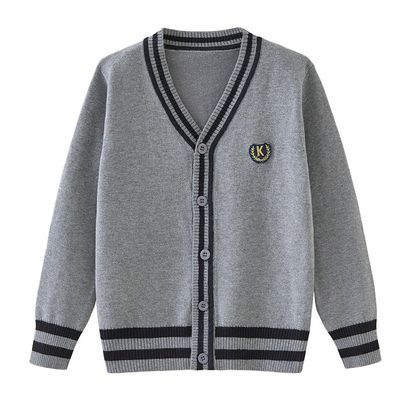 Kids Striped Knit Cardigan - Cotton V-Neck Sweater Coat for Boys and Teenagers, Preppy Style Everyday Outerwear
