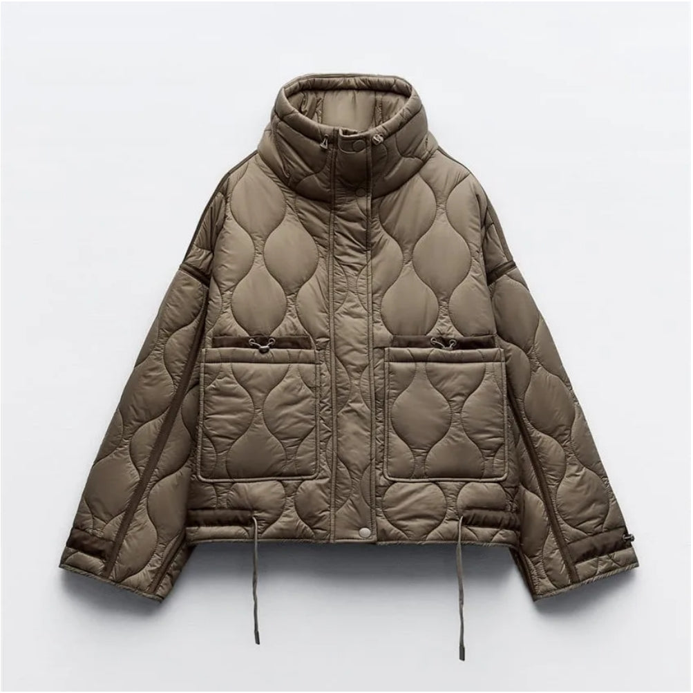 Women’s Quilted Drawstring Jacket – High Neck Cotton Padded Coat with Pockets for Casual Autumn Winter Layering Style