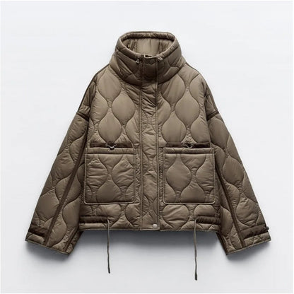 Women’s Quilted Drawstring Jacket – High Neck Cotton Padded Coat with Pockets for Casual Autumn Winter Layering Style