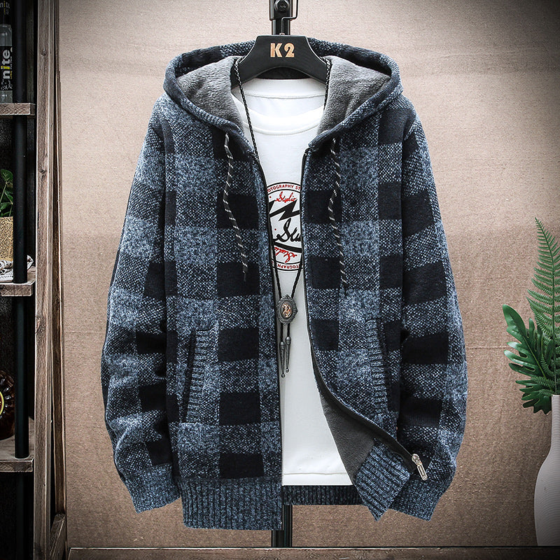 Men's Plaid Hooded Knit Cardigan – Warm Fleece Lined Winter Sweater Jacket with Zipper for Cold Weather Comfort