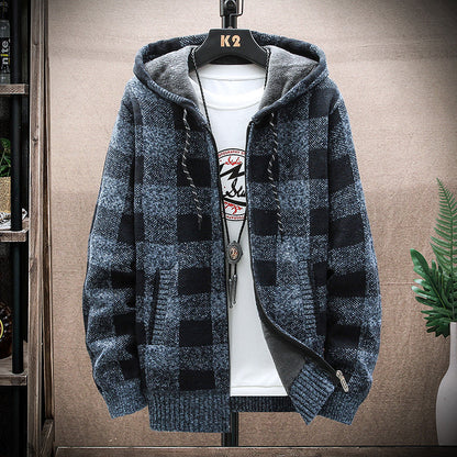 Men's Plaid Hooded Knit Cardigan – Warm Fleece Lined Winter Sweater Jacket with Zipper for Cold Weather Comfort