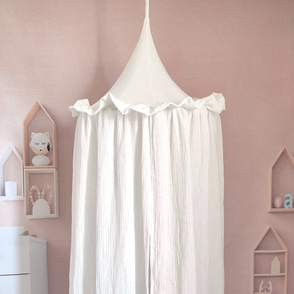 Muslin Cotton Bed Canopy – Premium Hanging Kids Bed Canopy with Frills for Nursery, Bedroom and Cozy Play Space