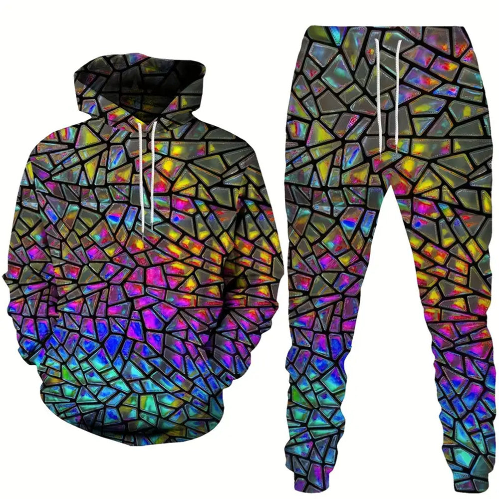 Men's Hoodie Tracksuit Set - Shiny Print Sweatshirt and Jogger Outfit for Sports and Casual Fashion