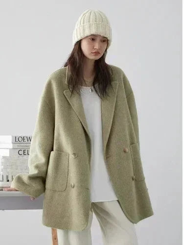 Women’s Woolen Coat – Loose Double Breasted Retro Jacket with Double-Sided Design for Elegant Office Style, Autumn Winter Fashion and Daily Wear