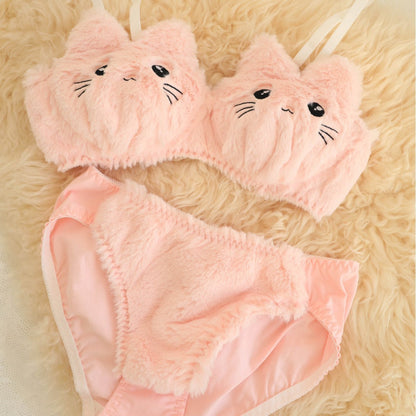 Women's Plush Lingerie Set – Cute Japanese Style Wireless Bra and Panty Set for Cozy Everyday Comfort