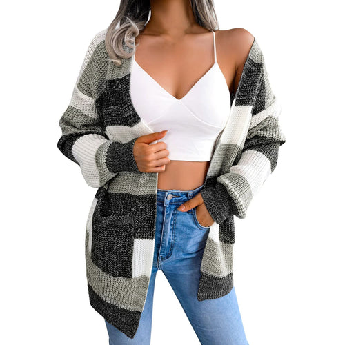 Blue Striped Knit Cardigan – Women's Long Sleeve Open Front Sweater for Casual Layering, Streetwear and Everyday Comfort