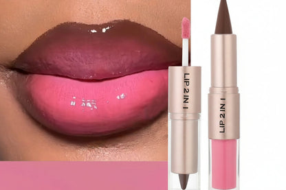 Double-Head Lip Liner and Gloss – Tapered Contour Pencil with Mirror, Plumping Crystal Lip Glaze and Sexy Red Tint for Defined Lips