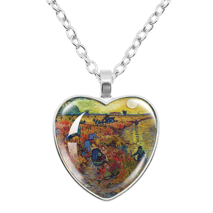 Van Gogh Starry Night Necklace – Artistic Glass Cabochon Pendant Jewelry Featuring Sunflower Painting Design for Women, Art Lovers and Gifts