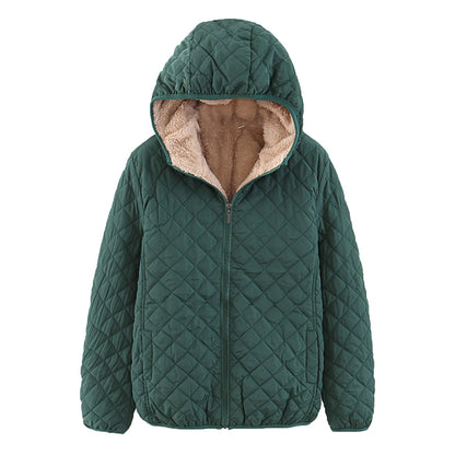 Women's Winter Cotton Parka – Hooded Lamb Wool Padded Jacket with Thick Plaid Lining for Cozy Cold Weather Style