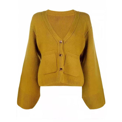 Korean V Neck Knit Cardigan – Women's Button Front Wool Sweater for Autumn Layering, Office Wear and Casual Style