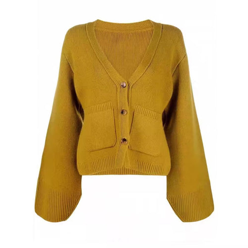 Korean V Neck Knit Cardigan – Women's Button Front Wool Sweater for Autumn Layering, Office Wear and Casual Style