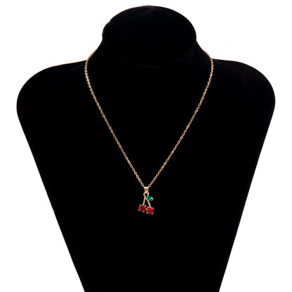 Red Cherry Pendant Necklace – Sweet Romantic Gold Tone Clavicle Chain Jewelry for Women and Girls, Fashionable Gift for Parties and Dates