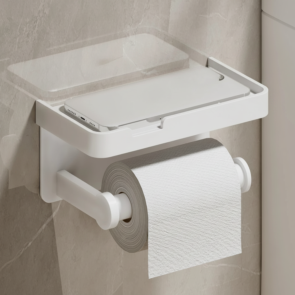 Wall Mounted Toilet Paper Holder – Bathroom Tissue Roll Organizer with Storage Shelf and Convenient Phone Stand