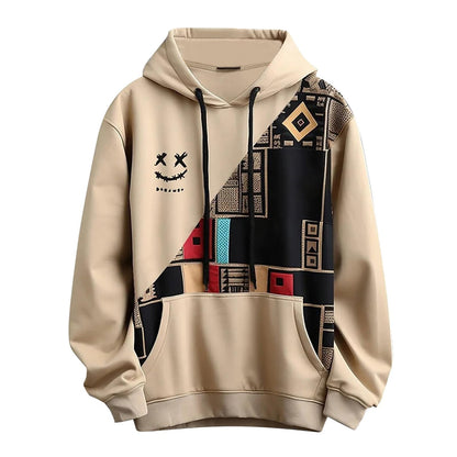 Mens Ethnic Print Hoodie-Oversized Patchwork Streetwear Sweatshirt with Long Sleeves for Casual Fashion and Comfort