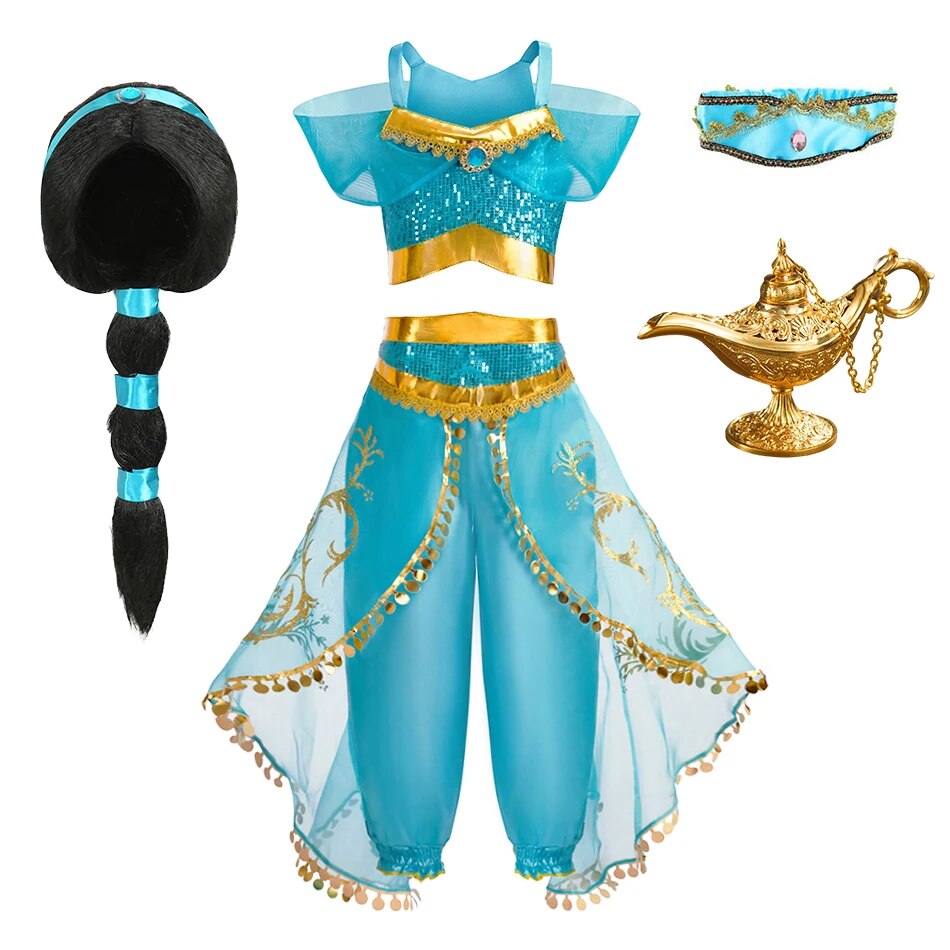 Kid's Arabian Princess Costume Dress - Jasmine Inspired Halloween Outfit for Girls with Sequins for Parties and Cosplay Events
