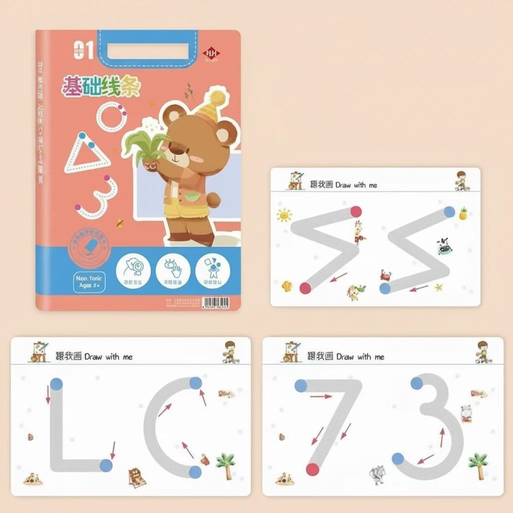Reusable Kids Workbook Set – 36 Page Erasable Learning Book with Pens and Stickers for Early Writing Practice