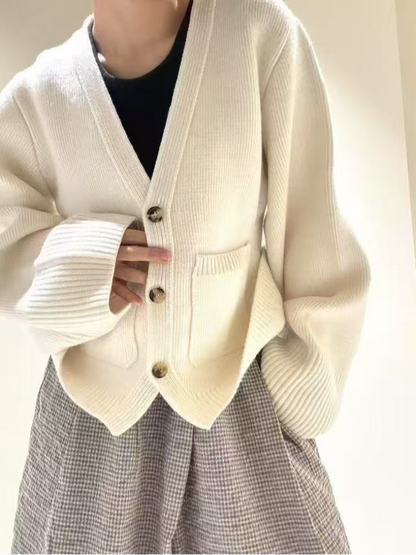 Korean V Neck Knit Cardigan – Women's Button Front Wool Sweater for Autumn Layering, Office Wear and Casual Style