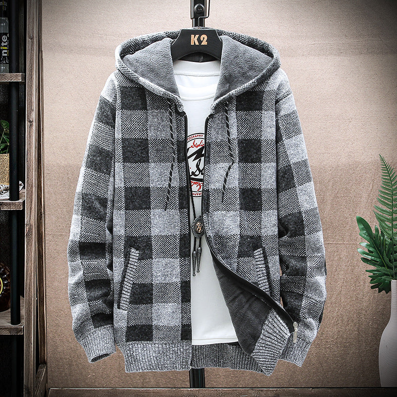 Men's Plaid Hooded Knit Cardigan – Warm Fleece Lined Winter Sweater Jacket with Zipper for Cold Weather Comfort