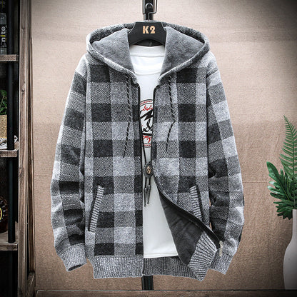 Men's Plaid Hooded Knit Cardigan – Warm Fleece Lined Winter Sweater Jacket with Zipper for Cold Weather Comfort
