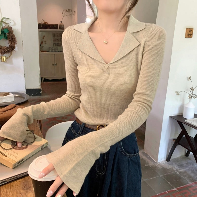 Women’s Knitted Long Sleeve Shirt – Casual Fashion Sweater Top with Modern Minimalist Design for Everyday Spring Style