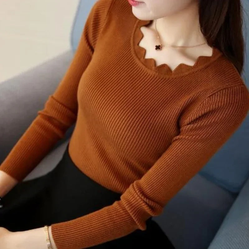 Slim Fit Knit Sweater – Women’s Butterfly Neck Long Sleeve Pullover for Elegant Autumn Winter Fashion