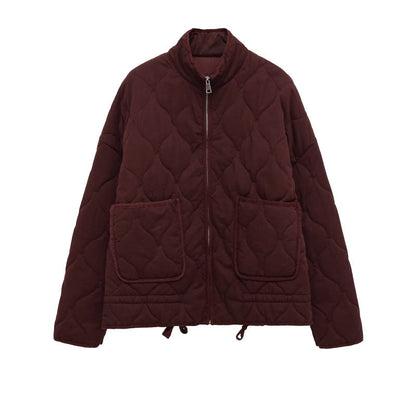 Vintage Quilted Padded Jacket – Women’s High Collar Winter Coat with Large Pockets for Warm Everyday Outerwear