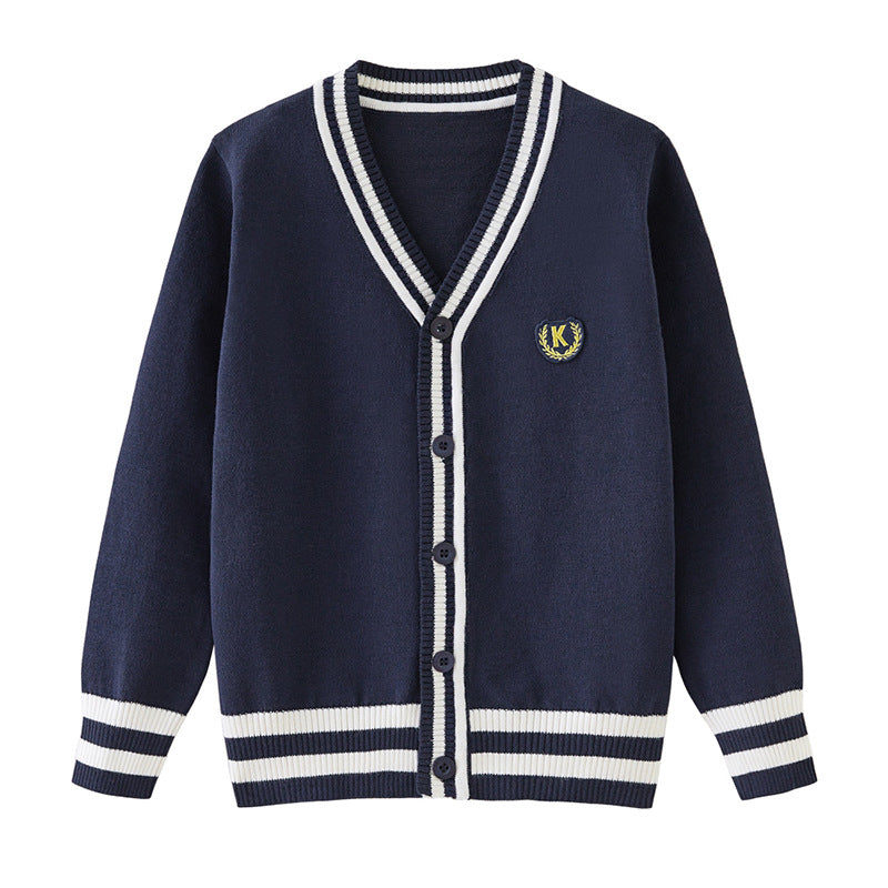 Kids Striped Knit Cardigan - Cotton V-Neck Sweater Coat for Boys and Teenagers, Preppy Style Everyday Outerwear