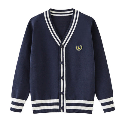 Kids Striped Knit Cardigan - Cotton V-Neck Sweater Coat for Boys and Teenagers, Preppy Style Everyday Outerwear
