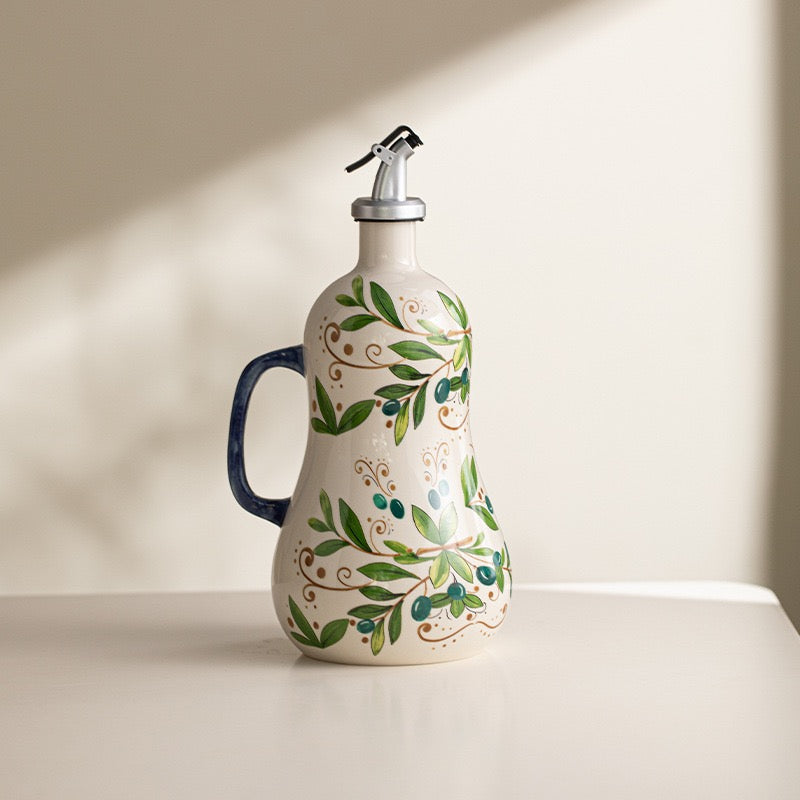 Ceramic Olive Oil Dispenser – BPA-Free Embossed Kitchen Bottle for Olive Oil, Vinegar and Cooking Storage with Elegant Underglaze Design