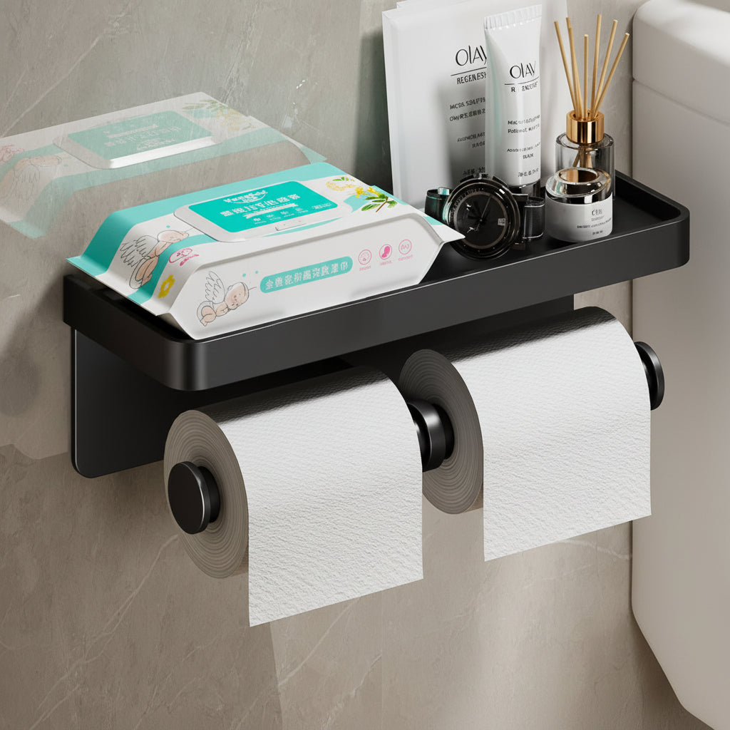 Wall Mounted Toilet Paper Holder – Bathroom Tissue Roll Organizer with Storage Shelf and Convenient Phone Stand