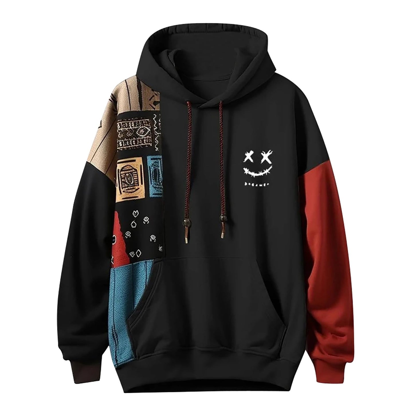 Mens Ethnic Print Hoodie-Oversized Patchwork Streetwear Sweatshirt with Long Sleeves for Casual Fashion and Comfort