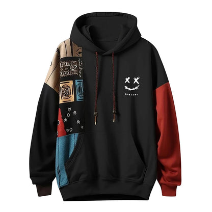 Mens Ethnic Print Hoodie-Oversized Patchwork Streetwear Sweatshirt with Long Sleeves for Casual Fashion and Comfort