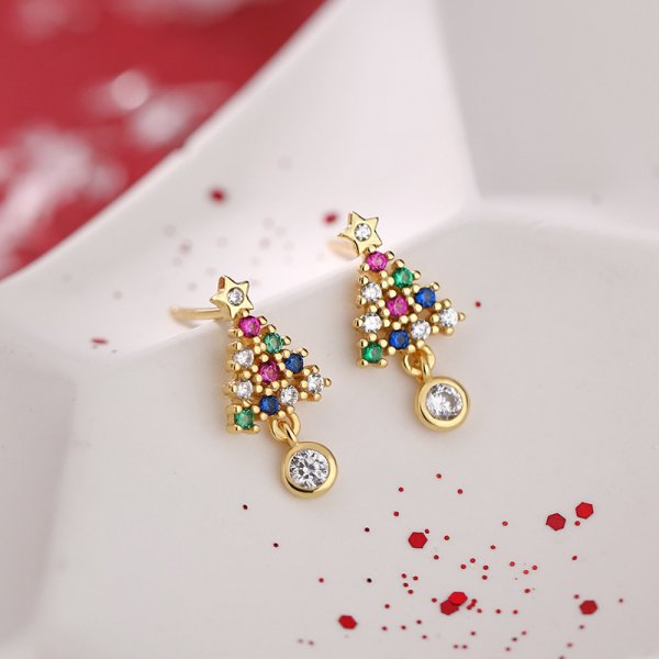 Christmas Ball Stud Earrings – Red Asymmetrical Snowflake and Reindeer Zircon Earrings for Women and Holiday Style