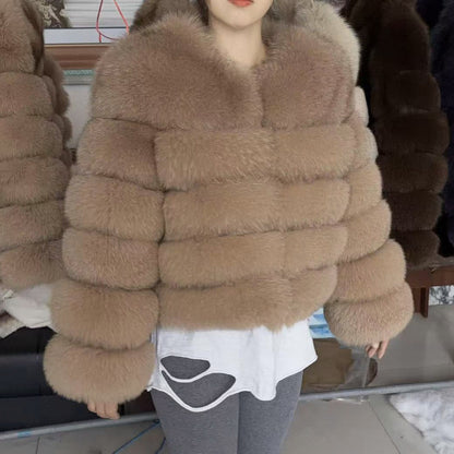 Real Fox Fur Winter Coat – Luxury Women’s Brown Fur Jacket with Premium Leather Design for Elegant Cold Weather Fashion