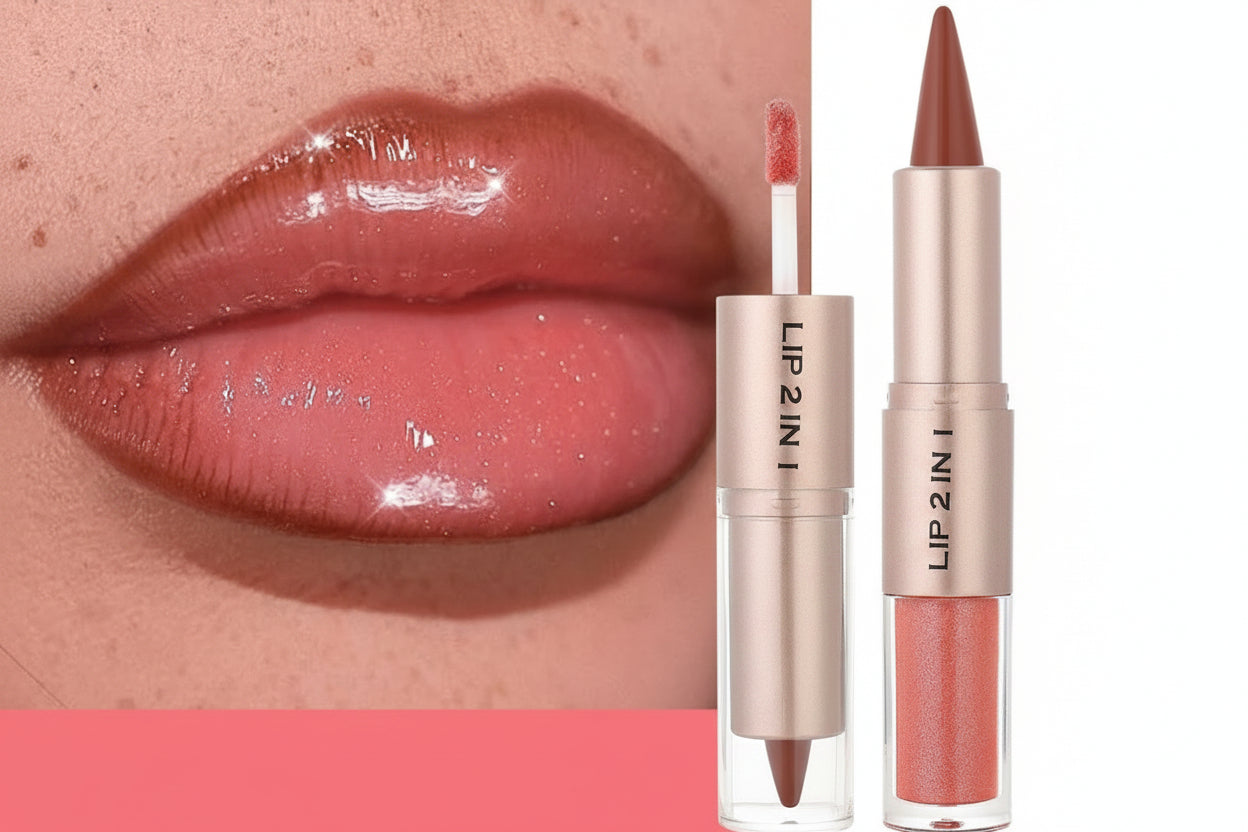 Double-Head Lip Liner and Gloss – Tapered Contour Pencil with Mirror, Plumping Crystal Lip Glaze and Sexy Red Tint for Defined Lips