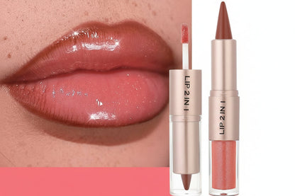 Double-Head Lip Liner and Gloss – Tapered Contour Pencil with Mirror, Plumping Crystal Lip Glaze and Sexy Red Tint for Defined Lips