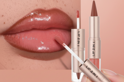 Double-Head Lip Liner and Gloss – Tapered Contour Pencil with Mirror, Plumping Crystal Lip Glaze and Sexy Red Tint for Defined Lips