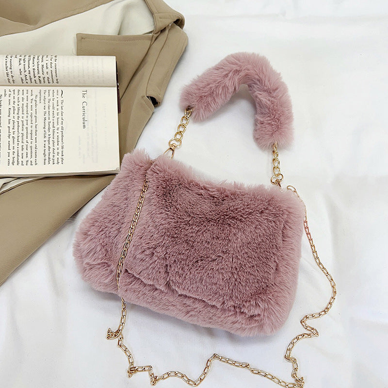 Fluffy Plush Shoulder Bag – Women's Soft Chain Underarm Handbag for Winter Fashion, Travel and Everyday Style