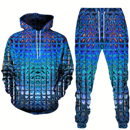 Men's Hoodie Tracksuit Set - Shiny Print Sweatshirt and Jogger Outfit for Sports and Casual Fashion