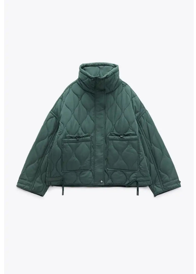 Women’s Quilted Drawstring Jacket – High Neck Cotton Padded Coat with Pockets for Casual Autumn Winter Layering Style