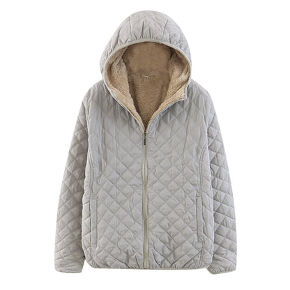 Women's Winter Cotton Parka – Hooded Lamb Wool Padded Jacket with Thick Plaid Lining for Cozy Cold Weather Style